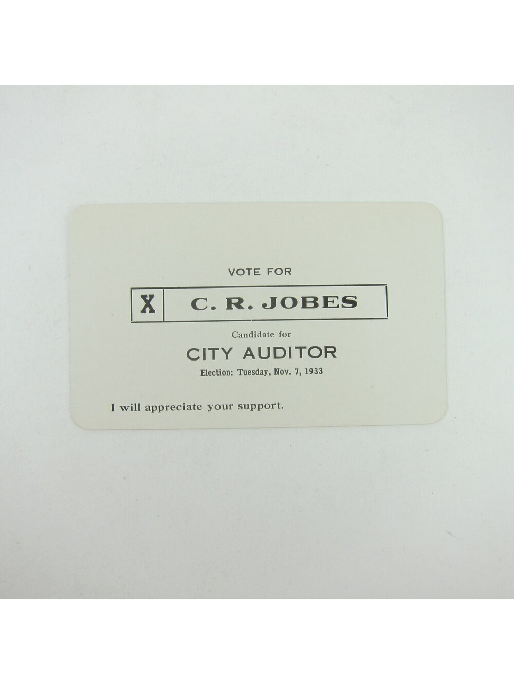 Political Campaign Election Card Greenville Ohio Auditor C.R. Jobes Vintage 1933